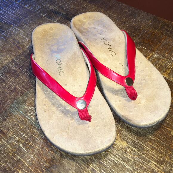Vionic Orthaheel Mona Red Patent Flip Flop Thong Sandals Womens 8 W Classic - Picture 2 of 8
